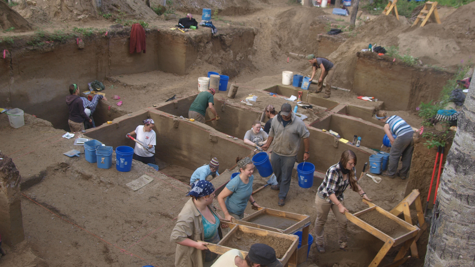 In this August 2013 photo provided by the University of Alaska, excavators work at the Upward Sun River discovery site in Alaska. According to a report released on Wednesday, Jan. 3, 2018, DNA from an infant who died in Alaska some 11,500 years ago, found at this site, is giving scientists the best look yet at the genetics of the ancestors of today’s native peoples of the Americas. (Ben Potter/University of Alaska via AP)