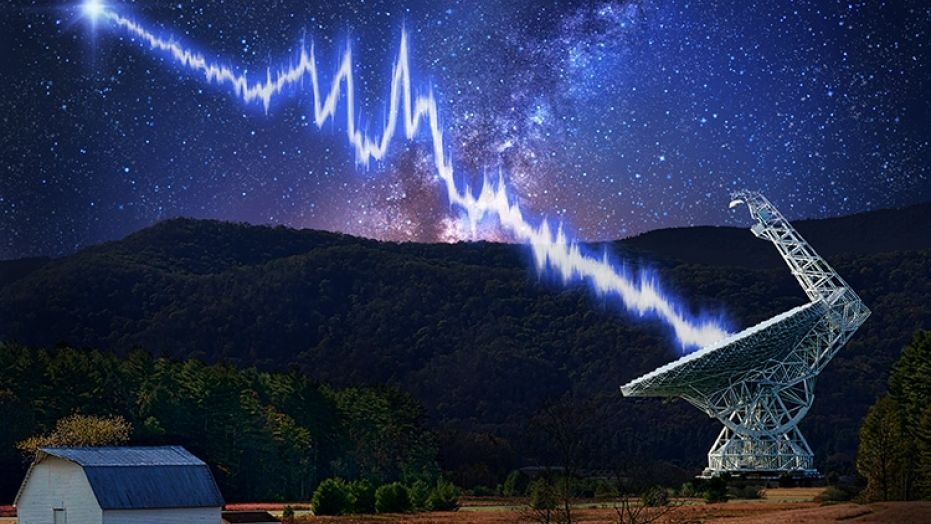 An artist's impression of the Greenbank Telescope in West Virginia receiving signals from fast radio burst FRB 121102. The object was observed by the Breakthrough Listen project. 