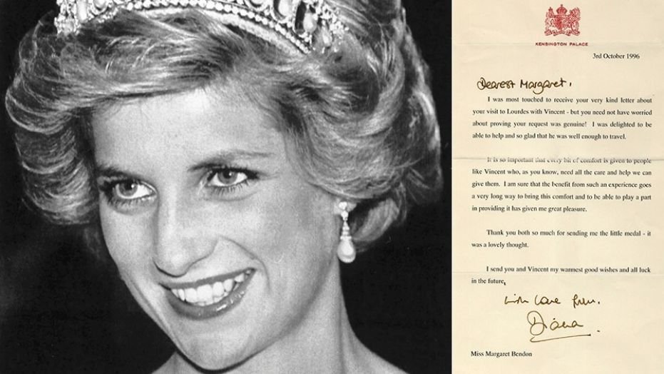 File photo: Princess Diana smiles during a dinner and a reception at the British Embassy in Washington, DC on Nov. 10, 1985 (REUTERS/Chas Cancellare)/One of the letters from Princess Diana that is up for auction in the UK (Henry Aldridge & Son)