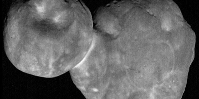 The distant object Ultima Thule, as seen by NASA's New Horizon's spacecraft on Jan. 1, 2019. Mysterious mound-like features on the body's larger lobe are clearly visible in this view.