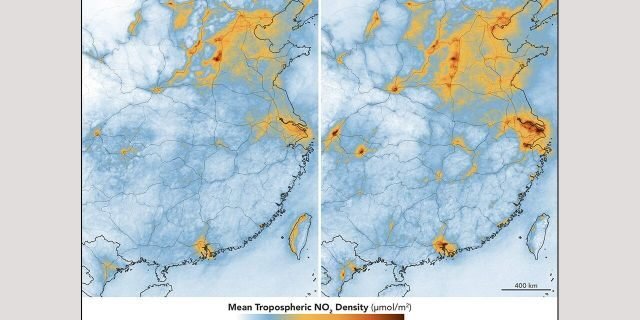 The maps on this page show levels of nitrogen dioxide in the troposphere (the lowest layer of the atmosphere) over China. The maps above show NO2 levels in central and eastern portions of the country from February 10–25 (during the quarantine) and April 20 to May 12 (after restrictions were lifted). (NASA)