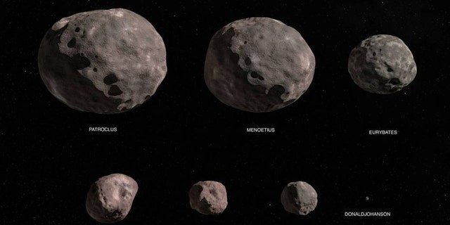 NASA's Lucy mission will explore a record-breaking number of asteroids, flying by one asteroid in the solar system’s main asteroid belt, and by seven Trojan asteroids.This illustration is of the Lucy mission's seven targets: the binary asteroid Patroclus/Menoetius, Eurybates, Orus, Leucus, Polymele, and the main belt asteroid DonaldJohanson.