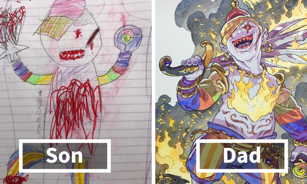 dad kids drawings thomas romain fb2 1000x600 - Dad Turns His Sons’ Doodles Into Anime Characters, And The Result Is Amazing (Part IV)